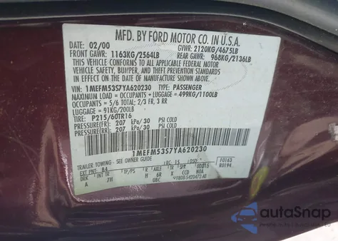 2000 Mercury Sable Ls z USA, uszkodzony, nr VIN 1MEFM53S7YA620230